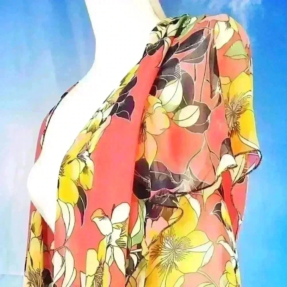 ORANGE FLORAL Beach Cover Sheer Open front Long Shawl LIGHTWEIGH Shrug One Size